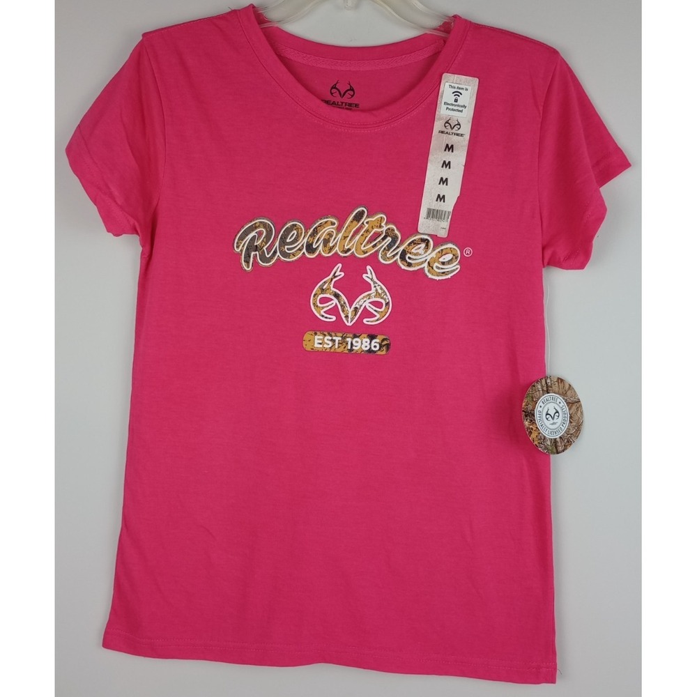 NWT Real Tree Womens M Pink Real Tree Logo Crew Neck Short Sleeve Classic Tshirt